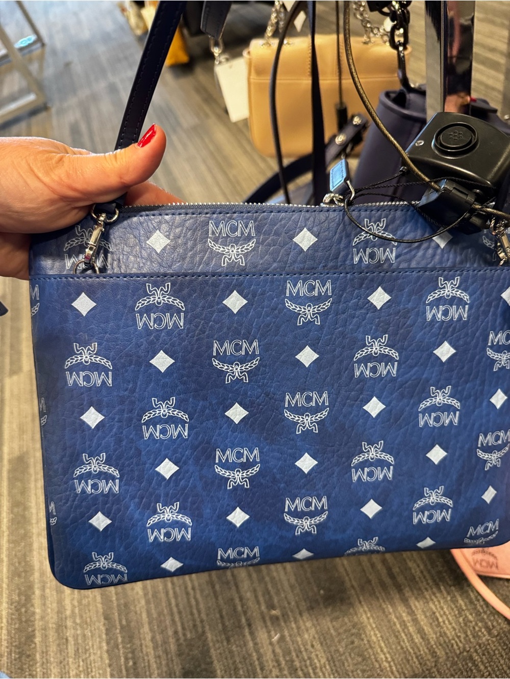MCM Blue Logo Print Leather Crossbody Clutch Bag NWT